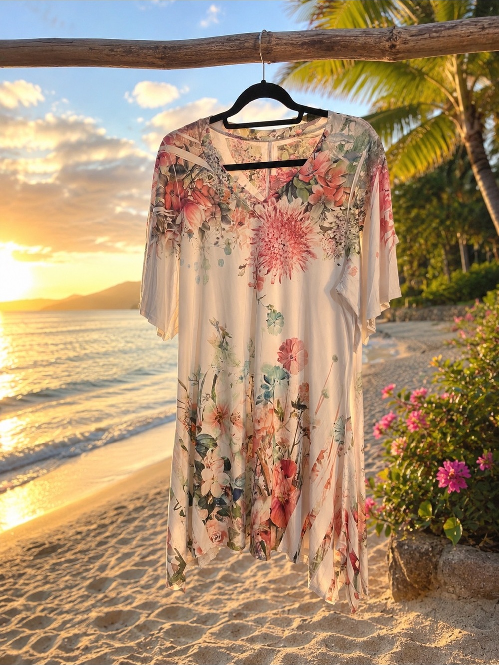 Caligirl Women’s Light Cream Floral V-Neck Tunic Dress  with Pink & Coral Blooms